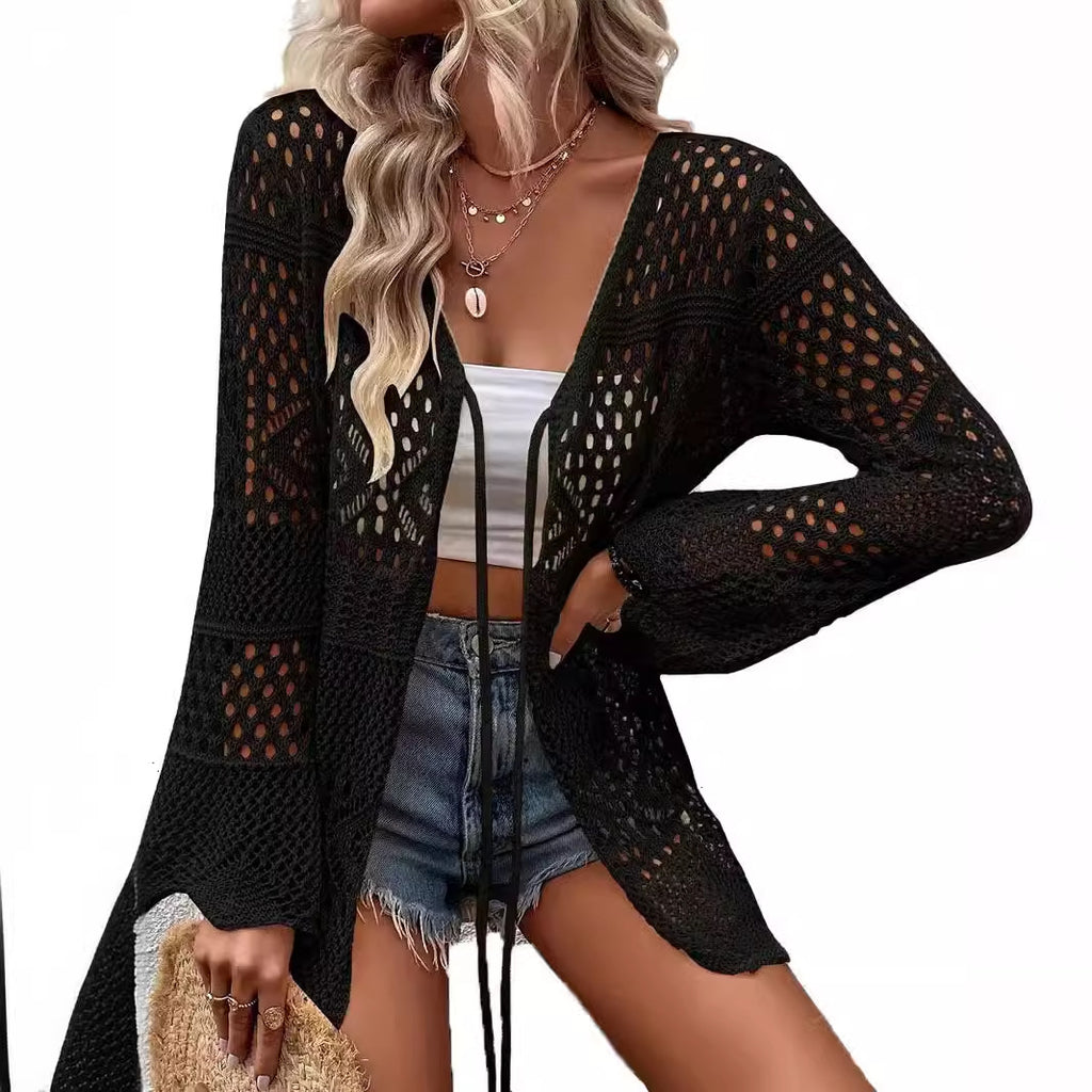 Solid Color Knitted Beach Cover Up Cardigan – Lightweight Sun Protection Swimwear Layer