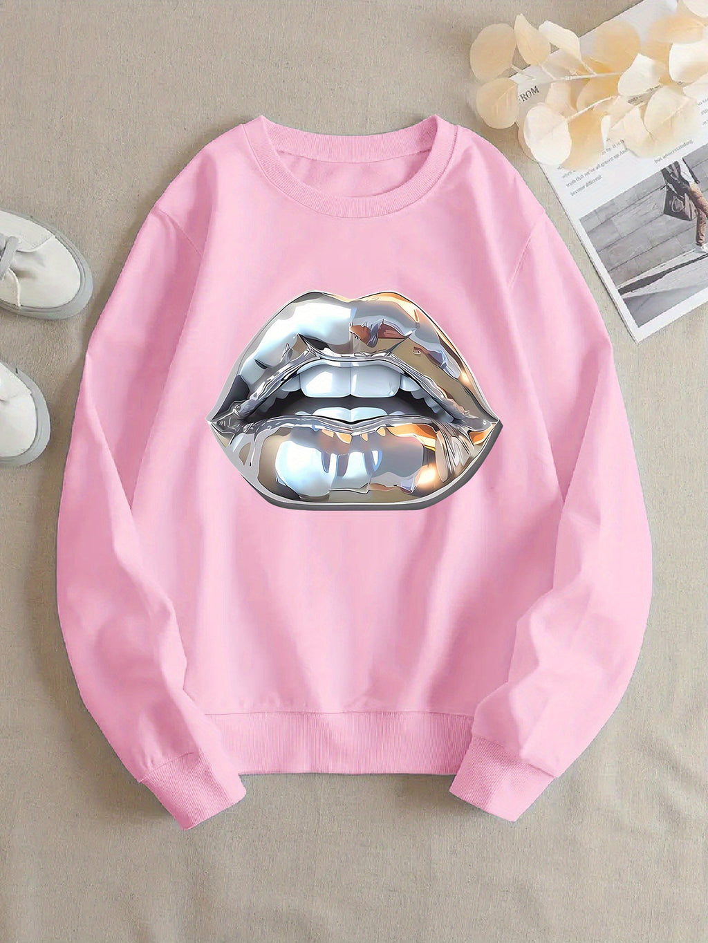 Womens Cartoon Silver Lip-Printed Sweatshirt