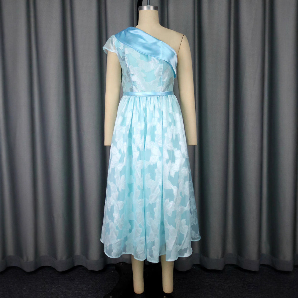 Women's Oblique Shoulder Contrast Color Evening Dress Jacquard Elegant Dress