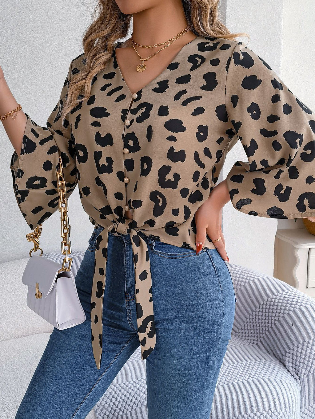 Women’s Leopard Print Tie Front Chiffon Blouse – Casual Animal Print Fashion Top