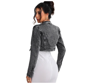 womens retro short casual denim jacket with zipper cropped vintage jean jacket women street style outfit