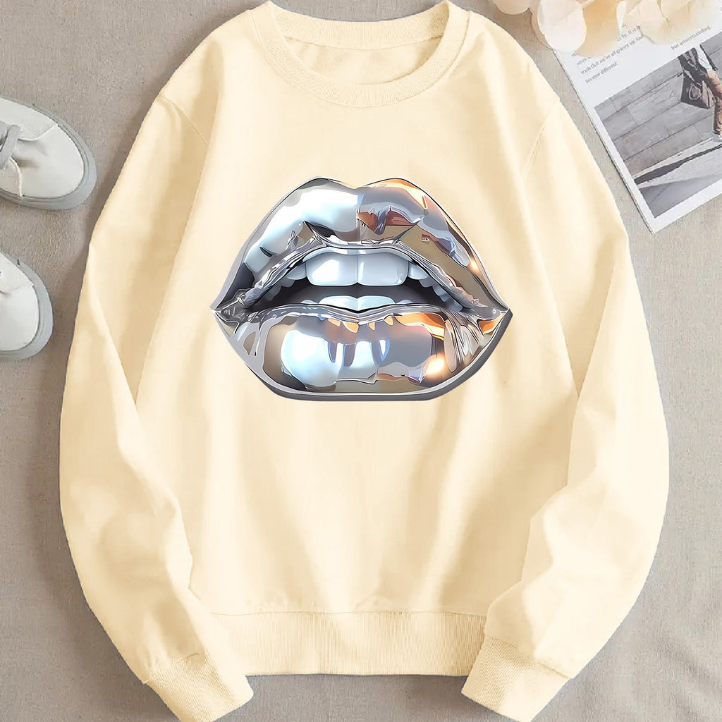 Womens Cartoon Silver Lip-Printed Sweatshirt