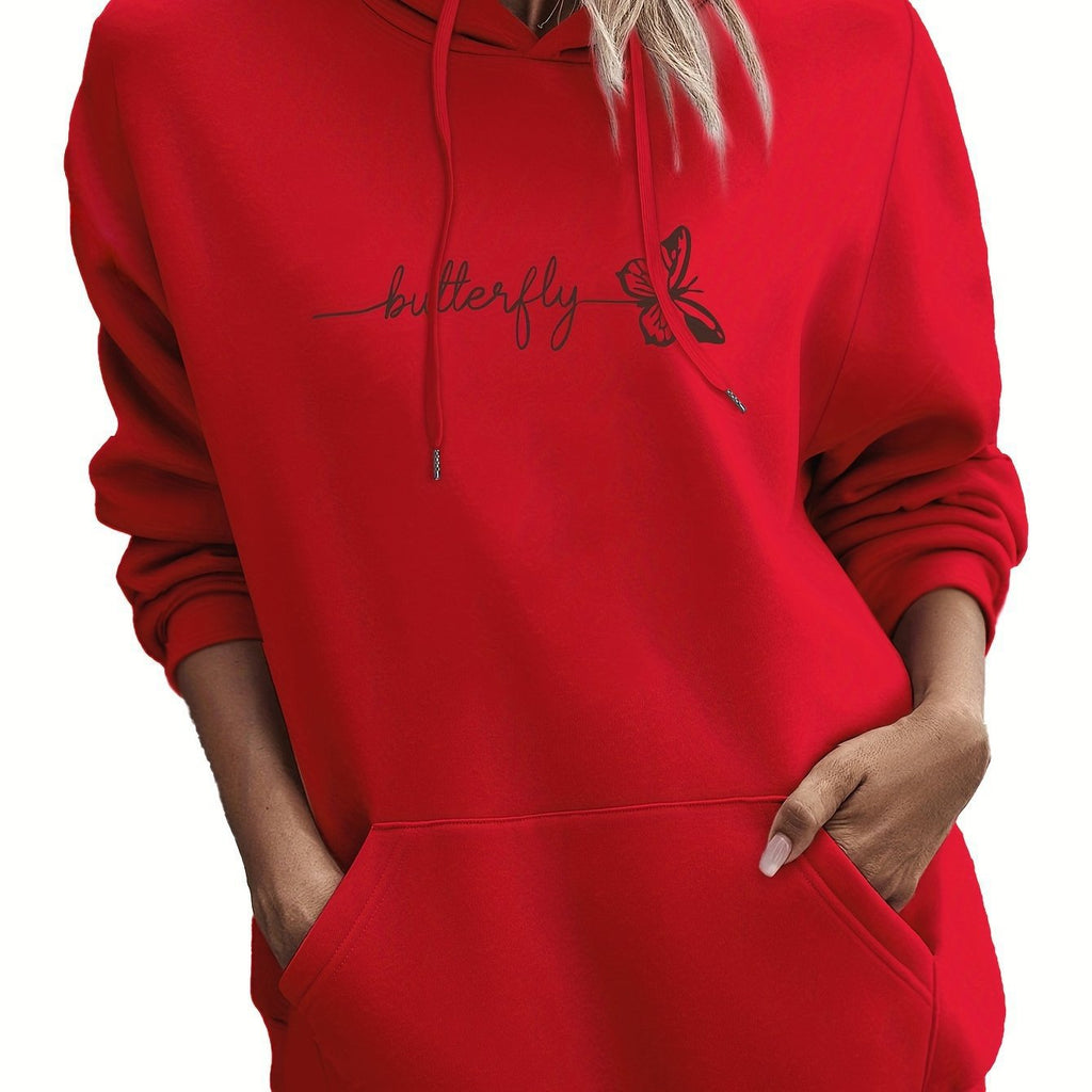 Womens Casual Hoodie With Drawstring And Butterfly Print