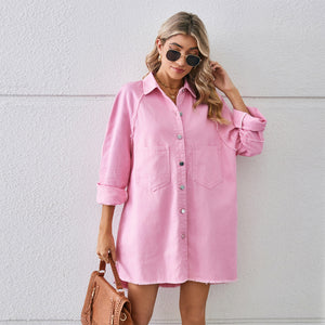 washed raw edge denim dress cardigan long sleeve stitching women's oversized denim jacket dress fashion