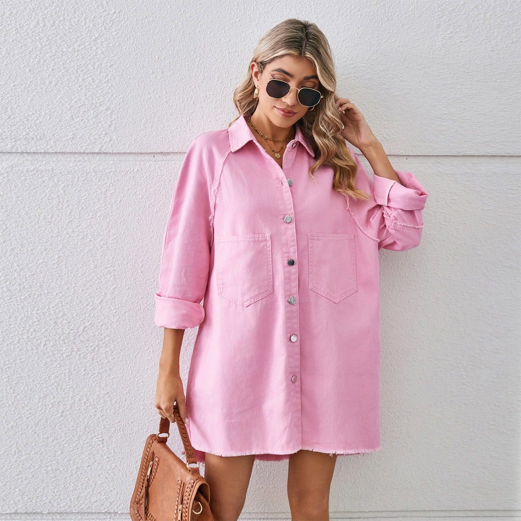 washed raw edge denim dress cardigan long sleeve stitching women's oversized denim jacket dress fashion