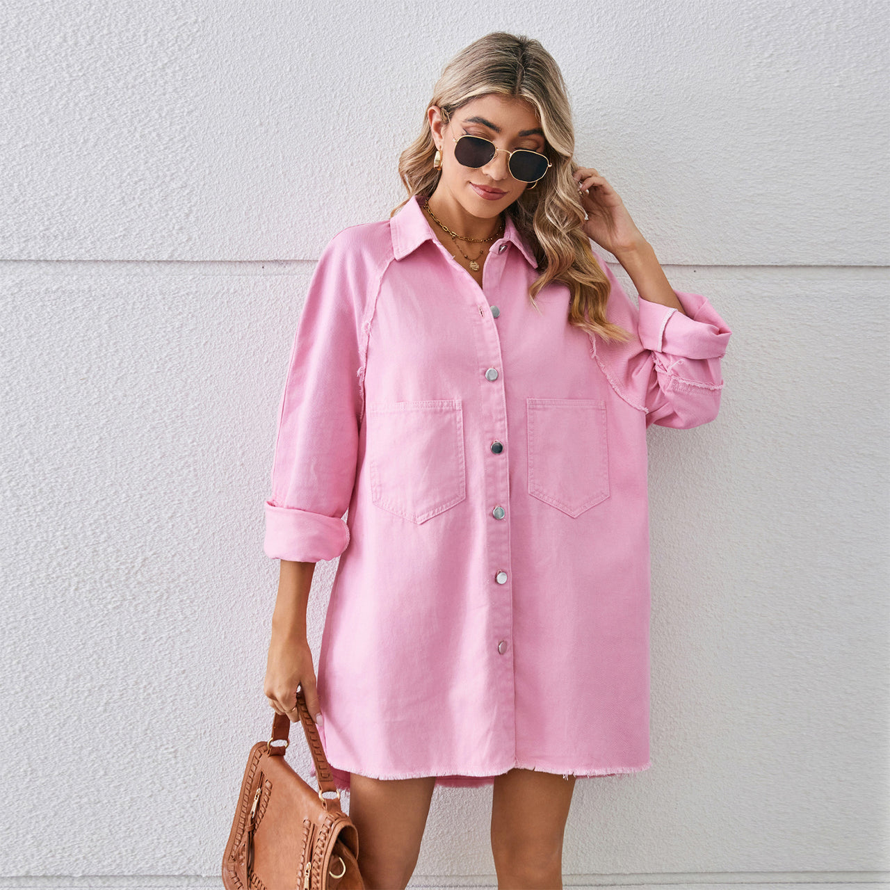 washed raw edge denim dress cardigan long sleeve stitching women's oversized denim jacket dress fashion