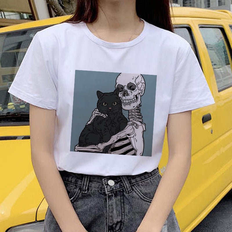 Horro Skull and Cat Femal Tshirt Top Tees kawai T-shirt