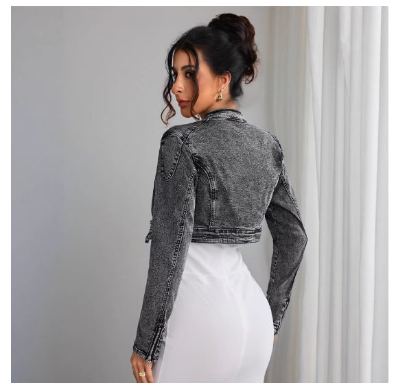 womens retro short casual denim jacket with zipper cropped vintage jean jacket women street style outfit