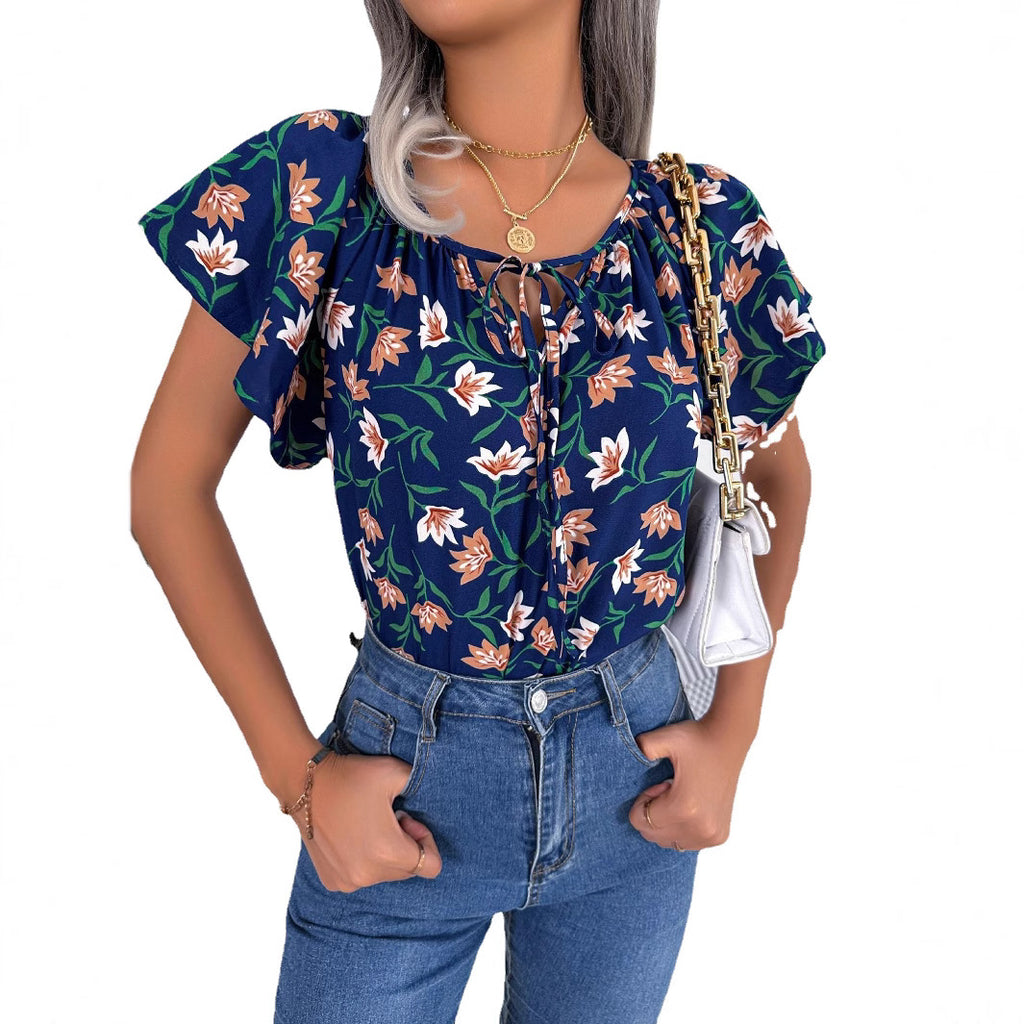 Womens Casual Loose-fit Chiffon Top With Ruffled Edges And A Tie-up Design