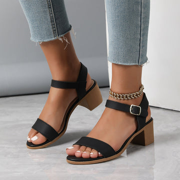 Women's black ankle-strap sandals with medium chunky heel for summer