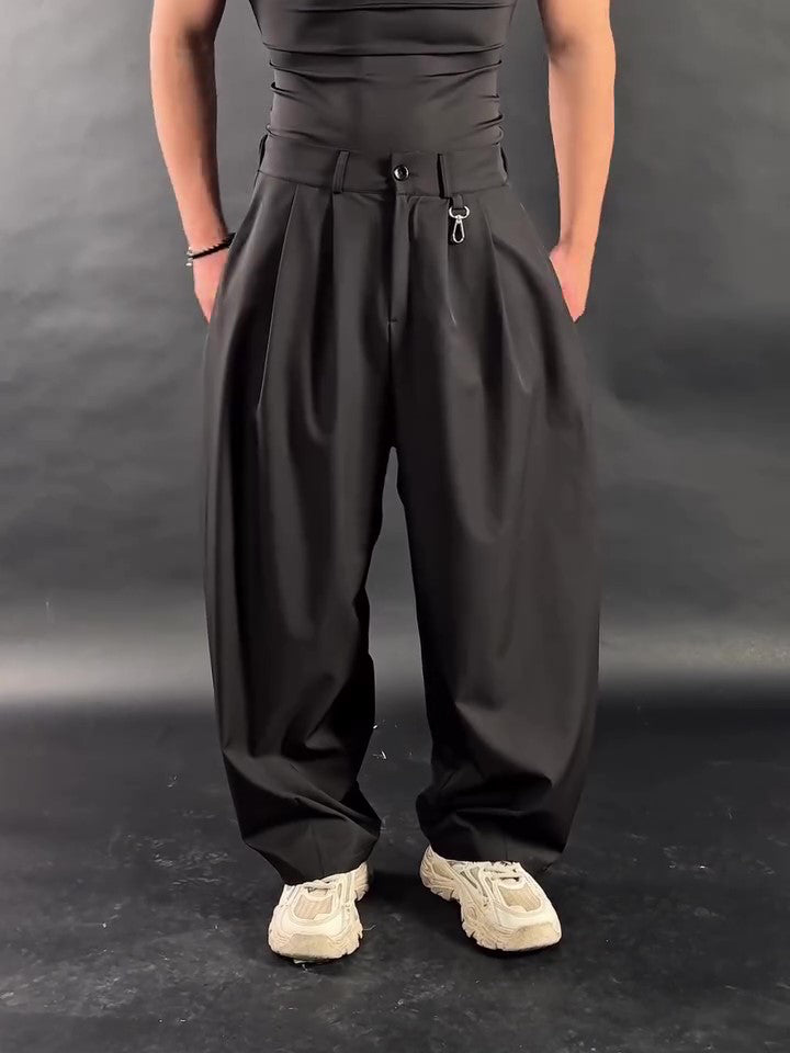 High Waist 3D Pleated Wide-Leg Pants – Black Fashion Statement Trousers