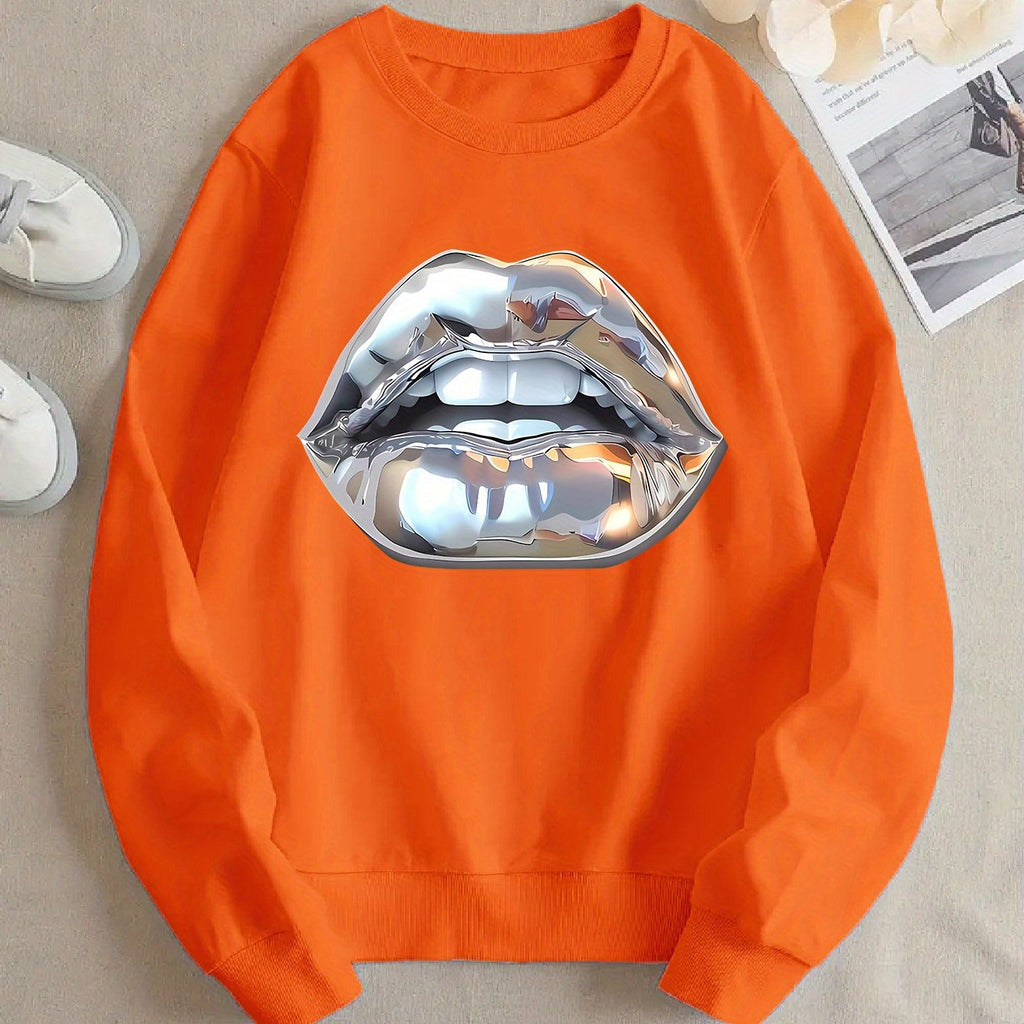 Womens Cartoon Silver Lip-Printed Sweatshirt
