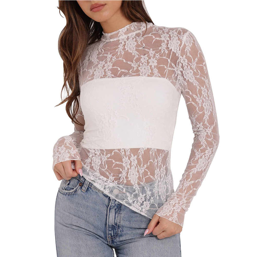 Women's Semi High Neck Sheer Long Sleeve TShirt Sexy Y2K Mesh Top