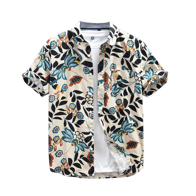 Mens Japanese-style Printed Casual Short-Sleeve Shirt