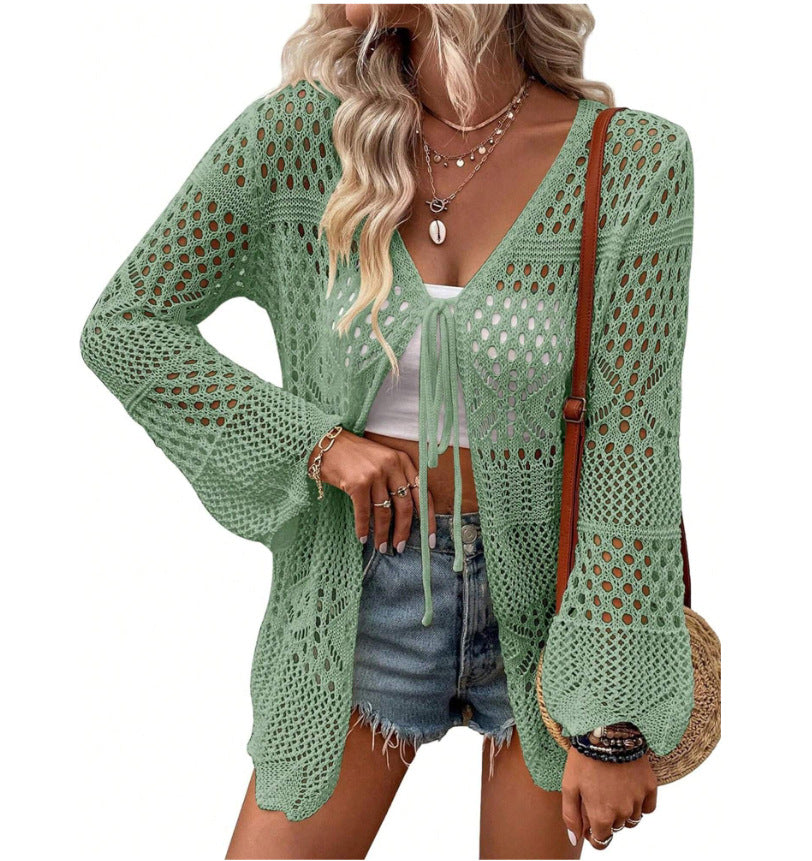 Solid Color Knitted Beach Cover Up Cardigan – Lightweight Sun Protection Swimwear Layer