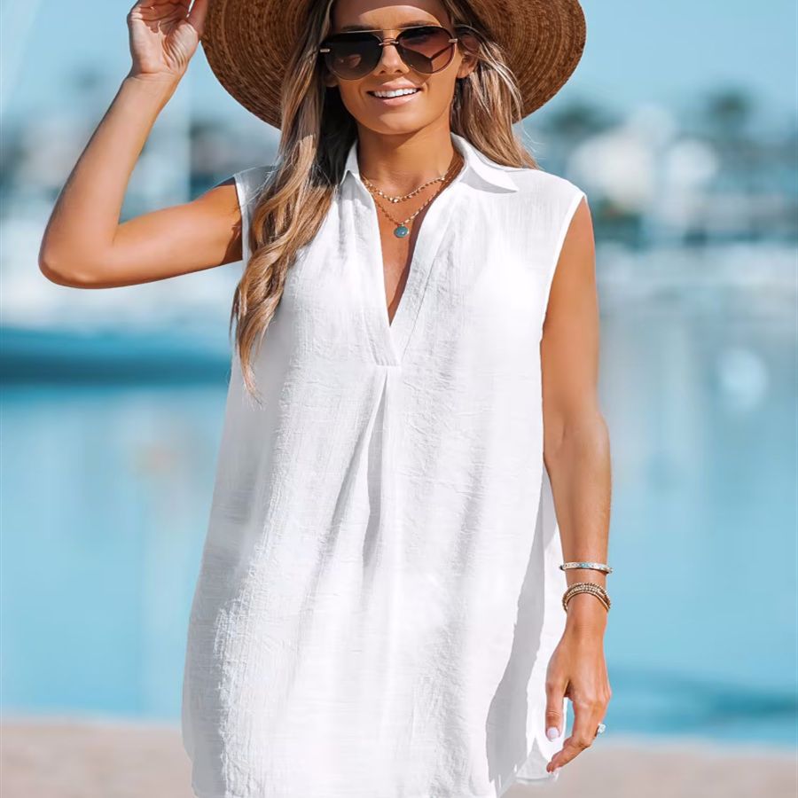 Deep V Neck Beach Sun Protection Dress – Solid Color Lightweight Summer Cover Up