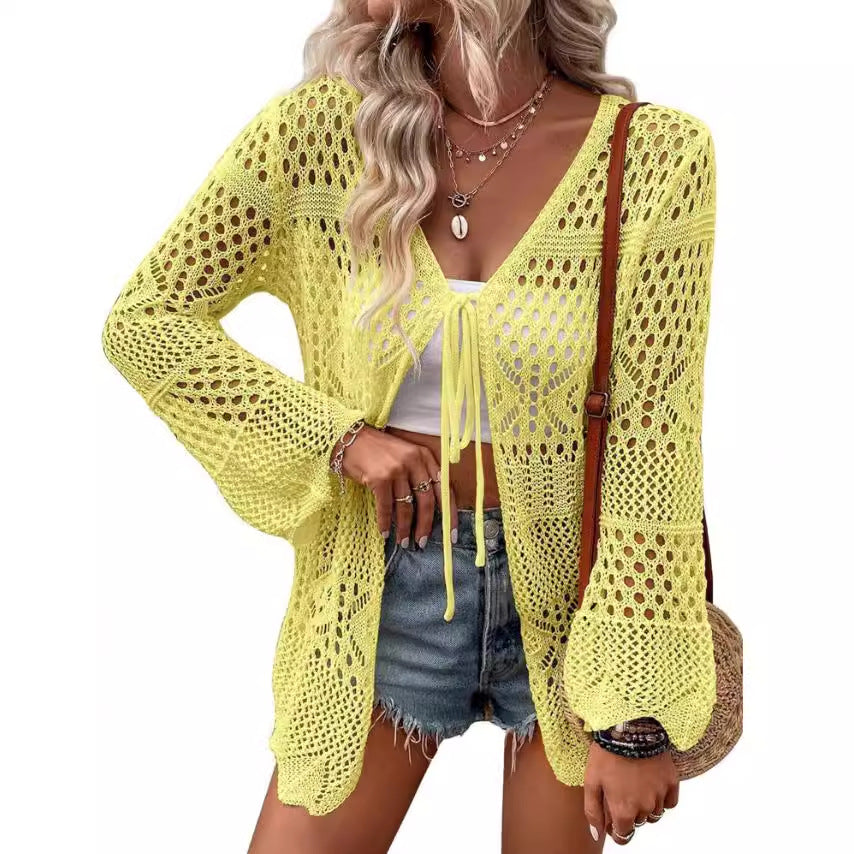 Solid Color Knitted Beach Cover Up Cardigan – Lightweight Sun Protection Swimwear Layer