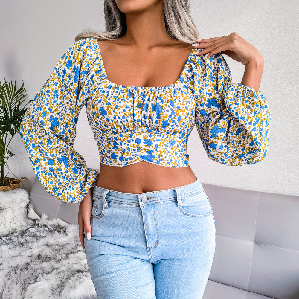 Women Lantern Sleeve Bow Floral Print Chiffon Crop Top – Vacation Style Boho Blouse