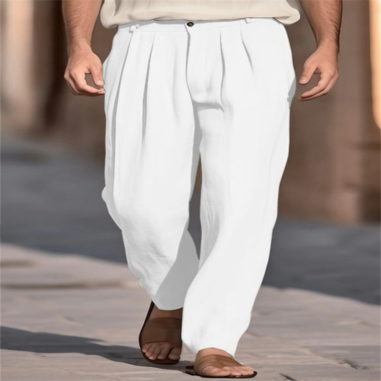 Mens Linen Front-pocket Pleated Loose-fit Casual Straight-leg Trousers