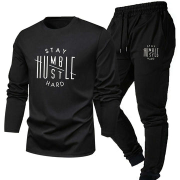 Men’s “STAY HUSTLE HARD” Long Sleeve T-Shirt & Jogger Set – 2-Piece Casual Outfit with Bold Print, Stretch Fabric, and Elastic Waistband for Spring/Fall PLAYAAS CULTURE 