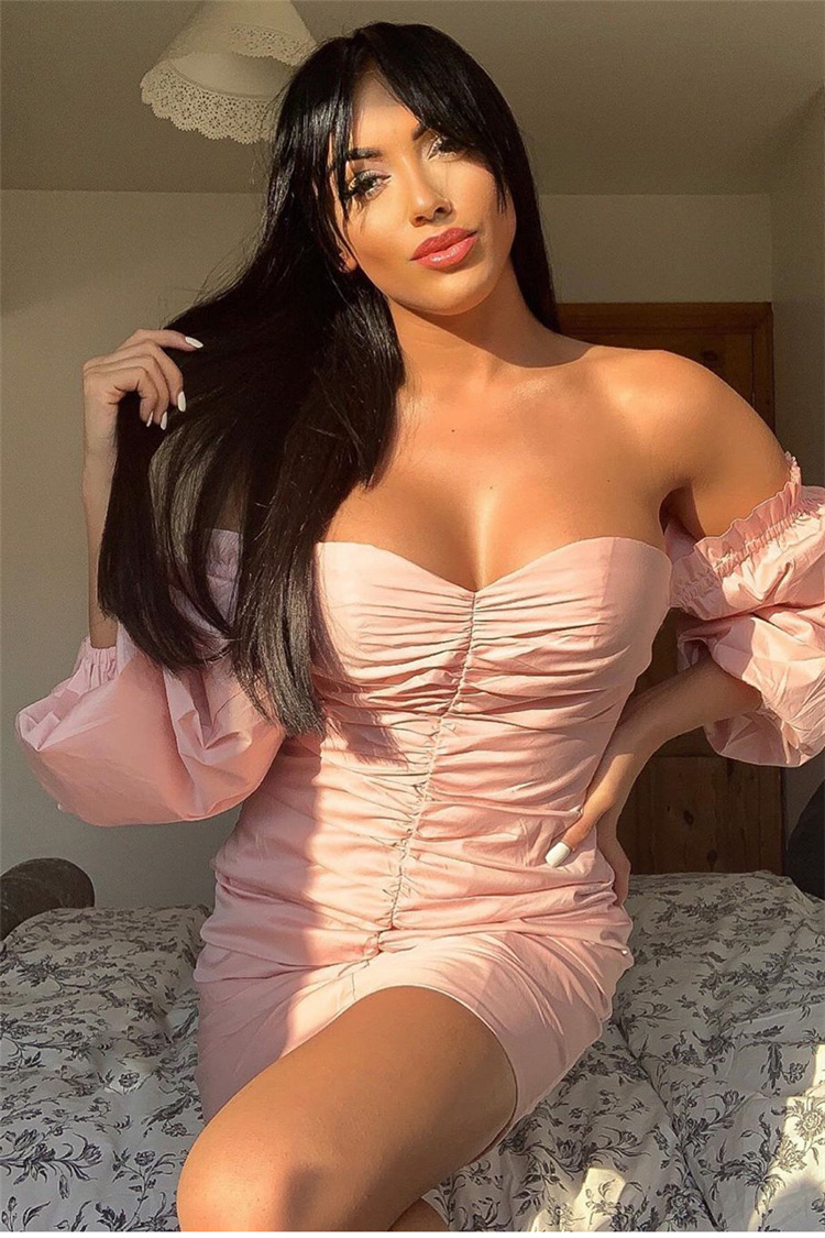 Pleated Lantern Sleeve Tube Top Dress – Sexy Collar Fashion Dress