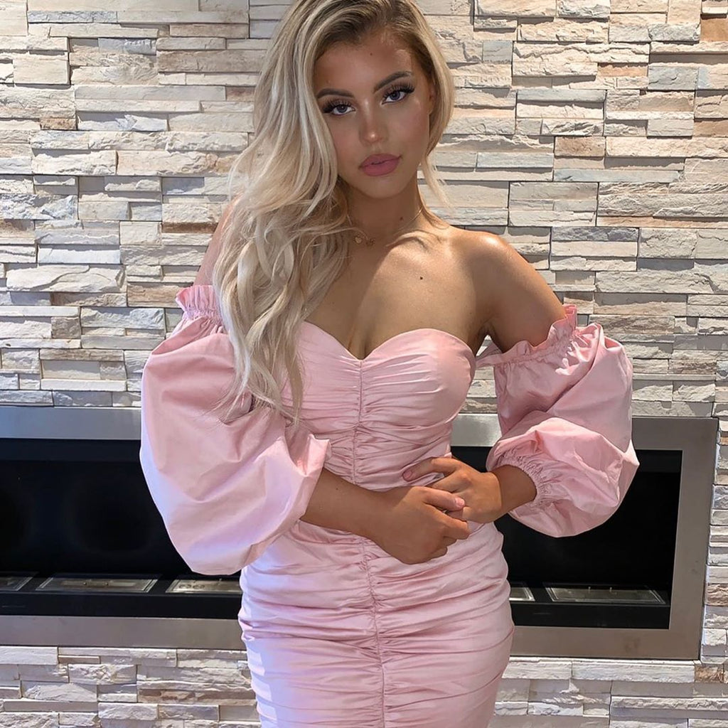 Pleated Lantern Sleeve Tube Top Dress – Sexy Collar Fashion Dress