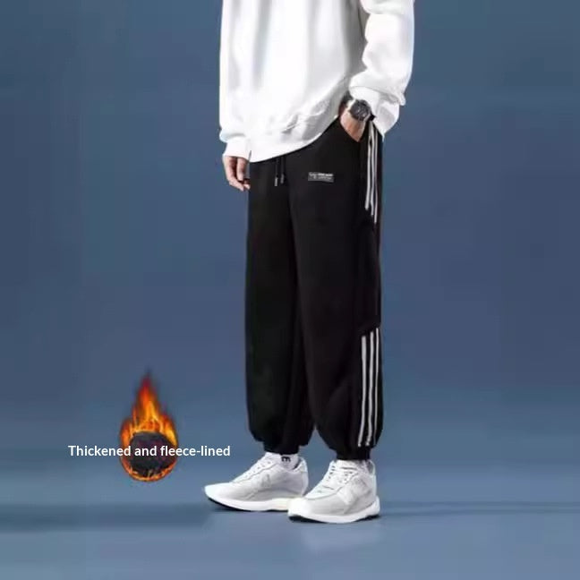 Men’s Striped Color-Block Fleece-Lined Jogger Pants – Autumn Winter Ankle-Fit Trousers