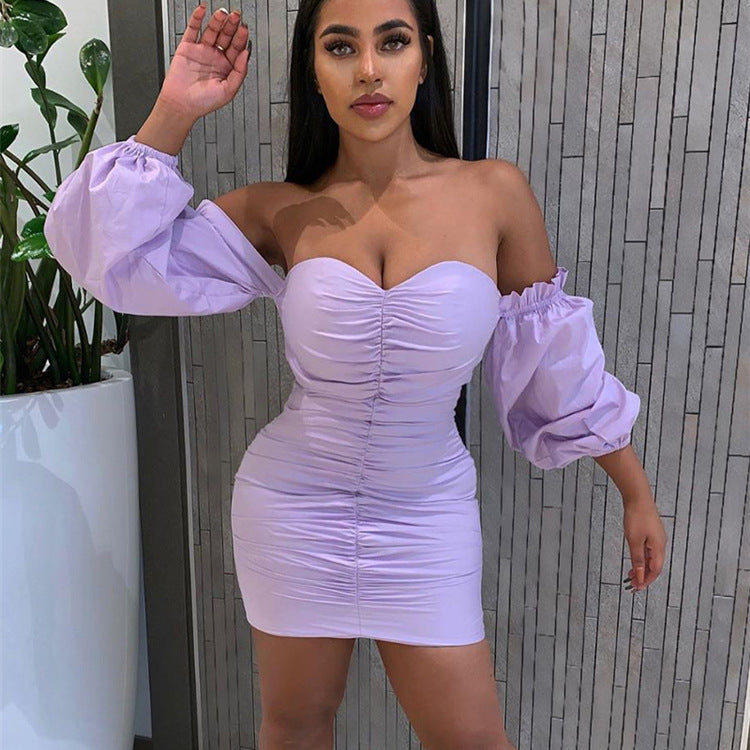 Pleated Lantern Sleeve Tube Top Dress – Sexy Collar Fashion Dress