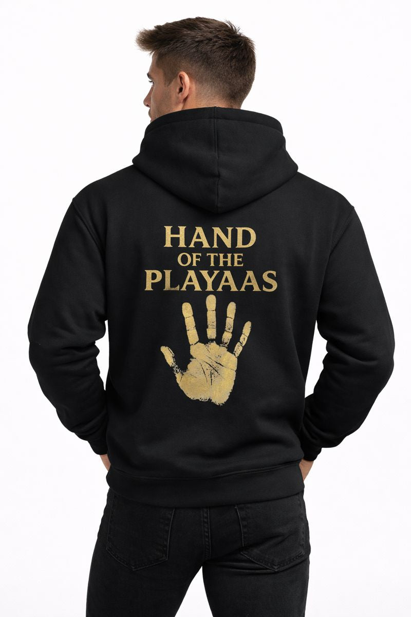 Black heavyweight PLAYAAS CULTURE® hoodie with gold crest worn by male model on white background