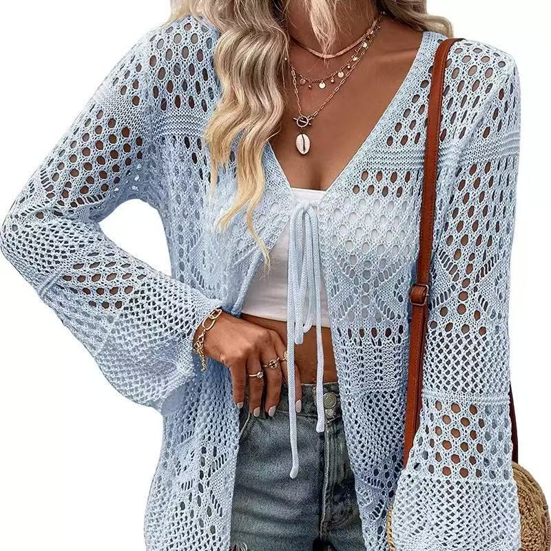 Solid Color Knitted Beach Cover Up Cardigan – Lightweight Sun Protection Swimwear Layer