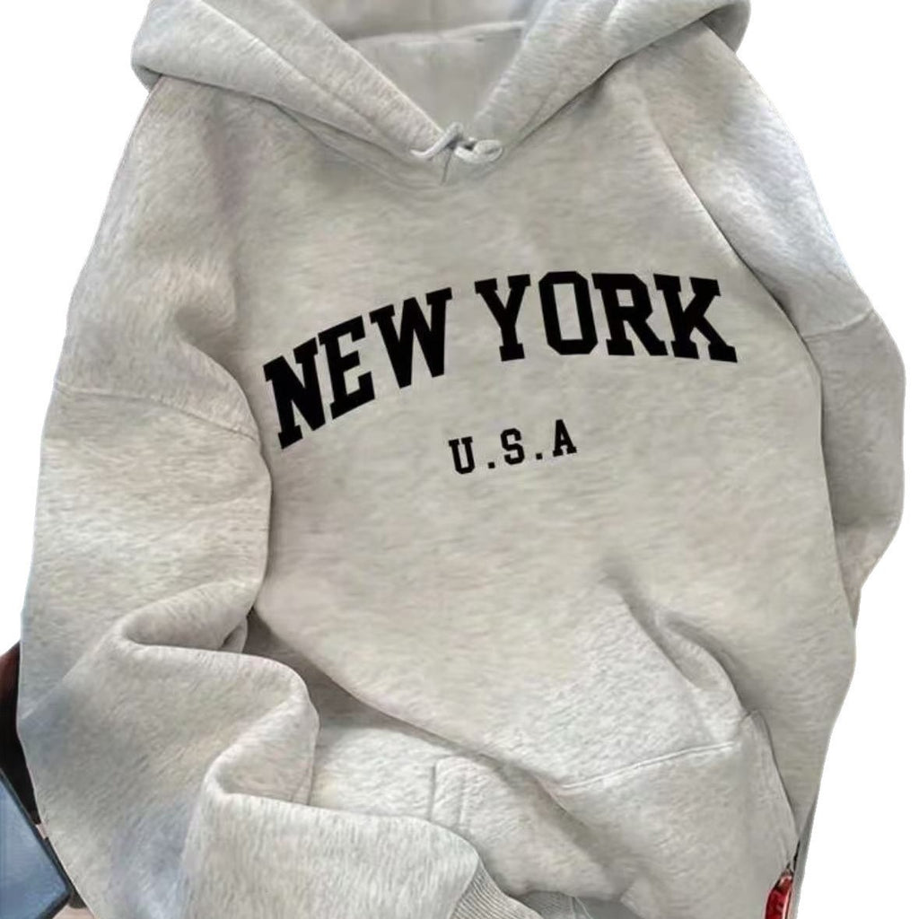 Mid-length Casual Hooded Sweatshirt With A Vintage American-style Letter Print