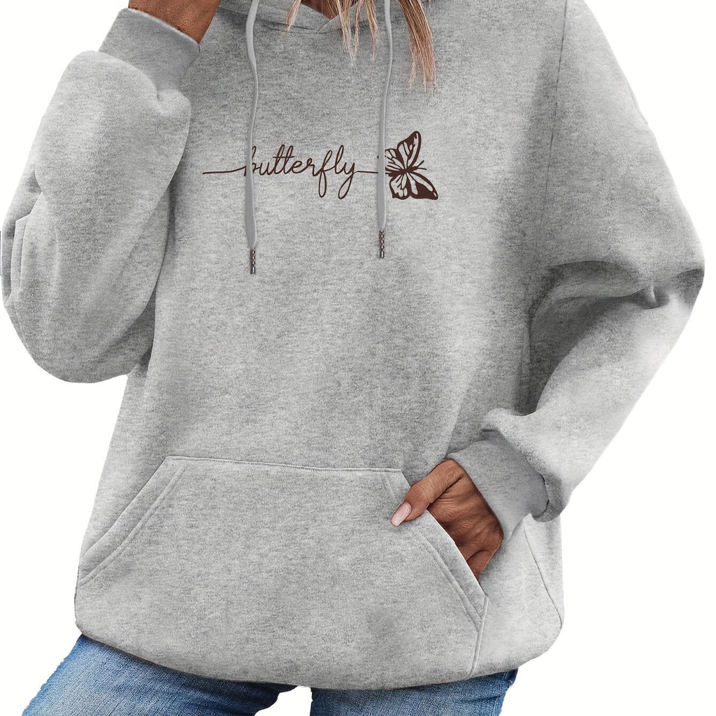 Womens Casual Hoodie With Drawstring And Butterfly Print