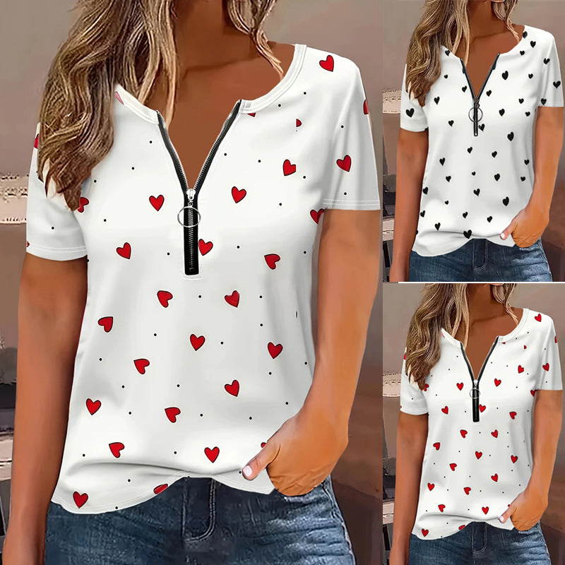 Womens Casual Printed Crew-neck Zip-up Short-sleeve Top