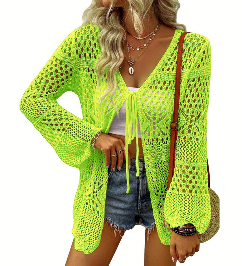 Solid Color Knitted Beach Cover Up Cardigan – Lightweight Sun Protection Swimwear Layer