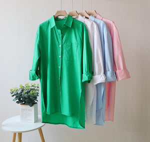 Green, white, light blue, and pink shirts hanging on a rack with a small plant on a table.