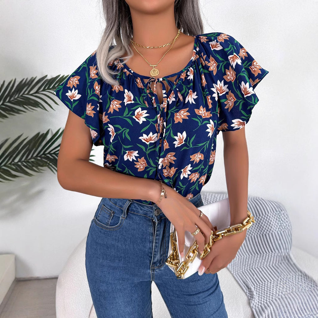 Womens Casual Loose-fit Chiffon Top With Ruffled Edges And A Tie-up Design