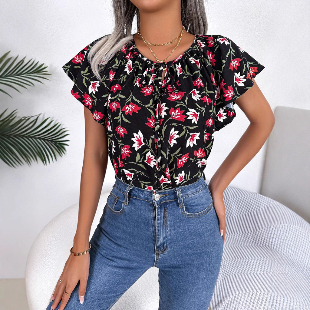 Womens Casual Loose-fit Chiffon Top With Ruffled Edges And A Tie-up Design