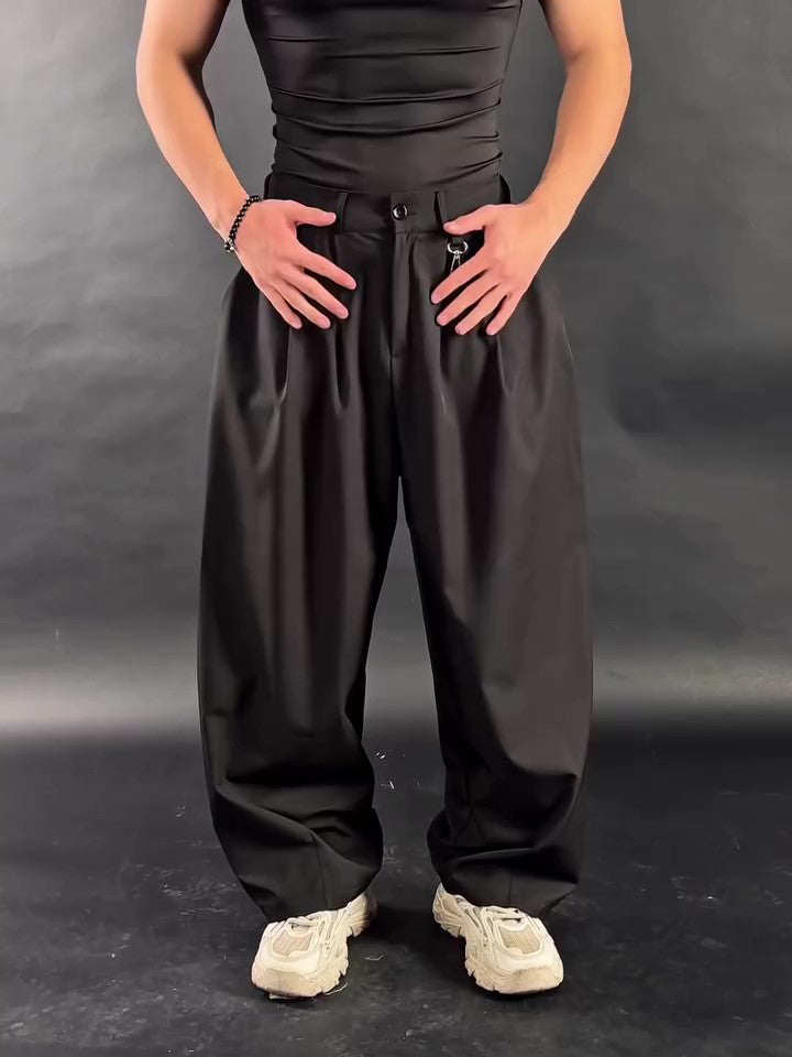 High Waist 3D Pleated Wide-Leg Pants – Black Fashion Statement Trousers