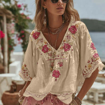 Elegant Jacquard Shoulder Sleeve Top – Chic Short Sleeve Women's Fashion Blouse