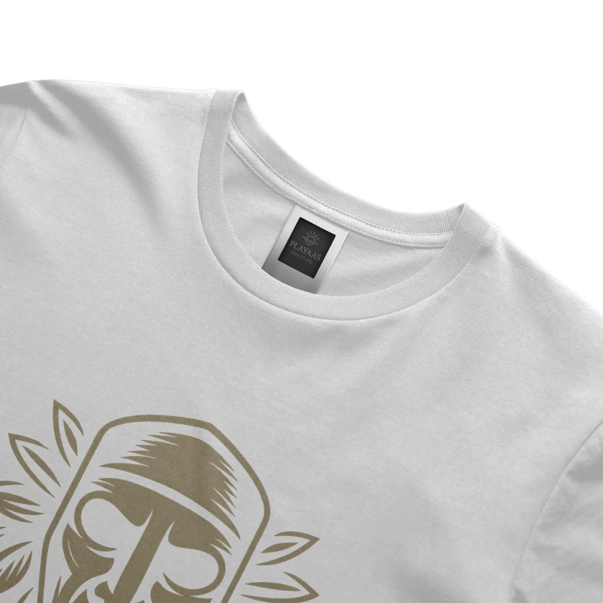 PLAYAAS CULTURE® Culture Guardian t-shirt featuring a symbolic mask-inspired face with leaf elements representing wisdom, identity, and cultural protection.