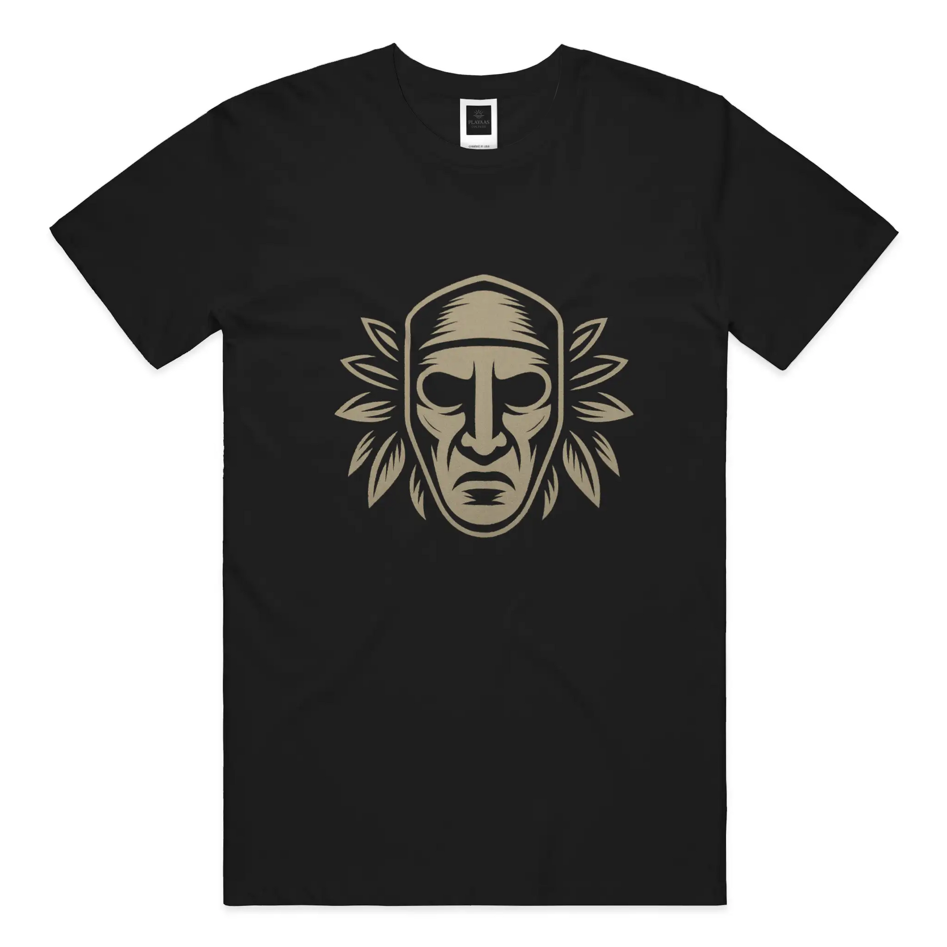 PLAYAAS CULTURE® Culture Guardian t-shirt featuring a symbolic mask-inspired face with leaf elements representing wisdom, identity, and cultural protection.