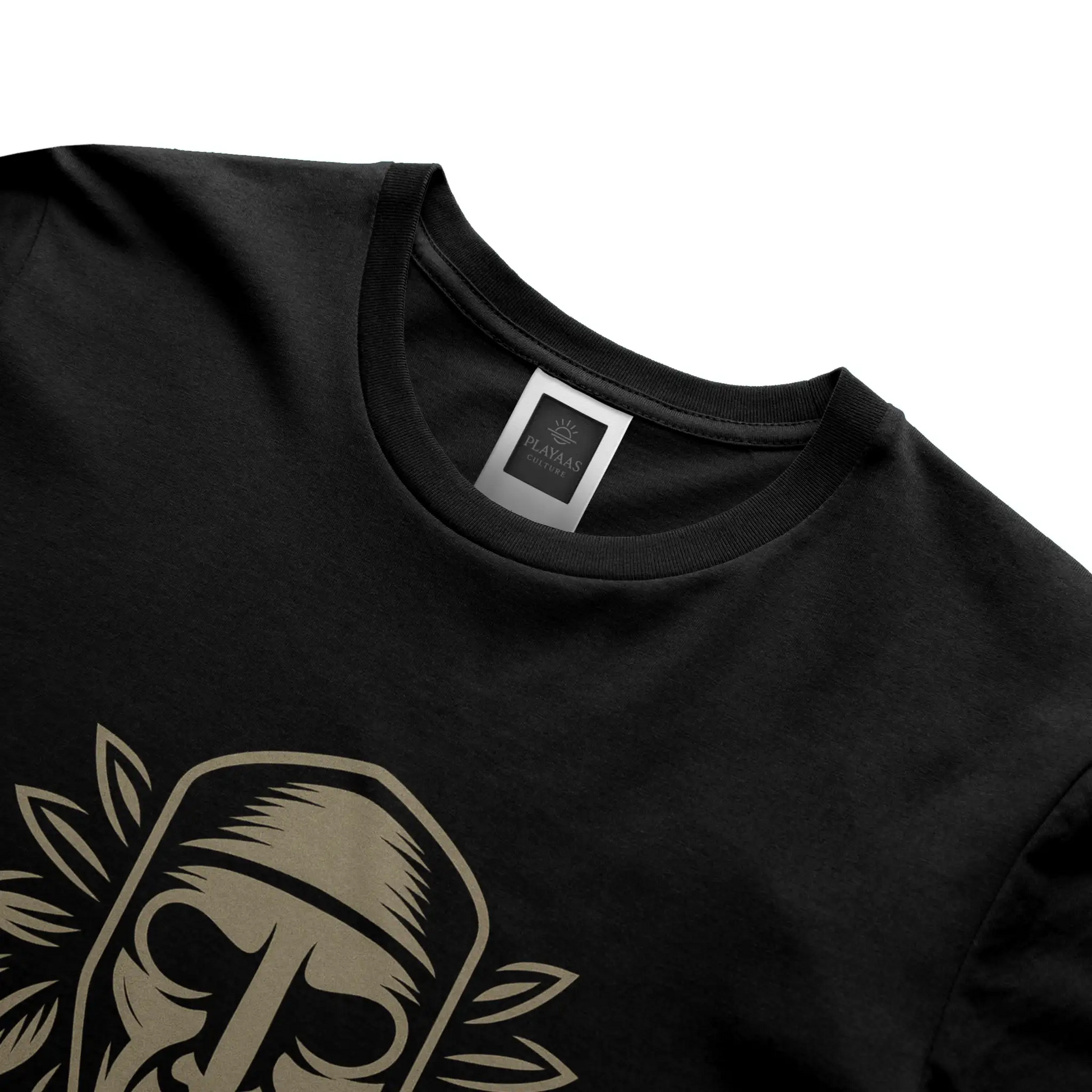PLAYAAS CULTURE® Culture Guardian t-shirt featuring a symbolic mask-inspired face with leaf elements representing wisdom, identity, and cultural protection.