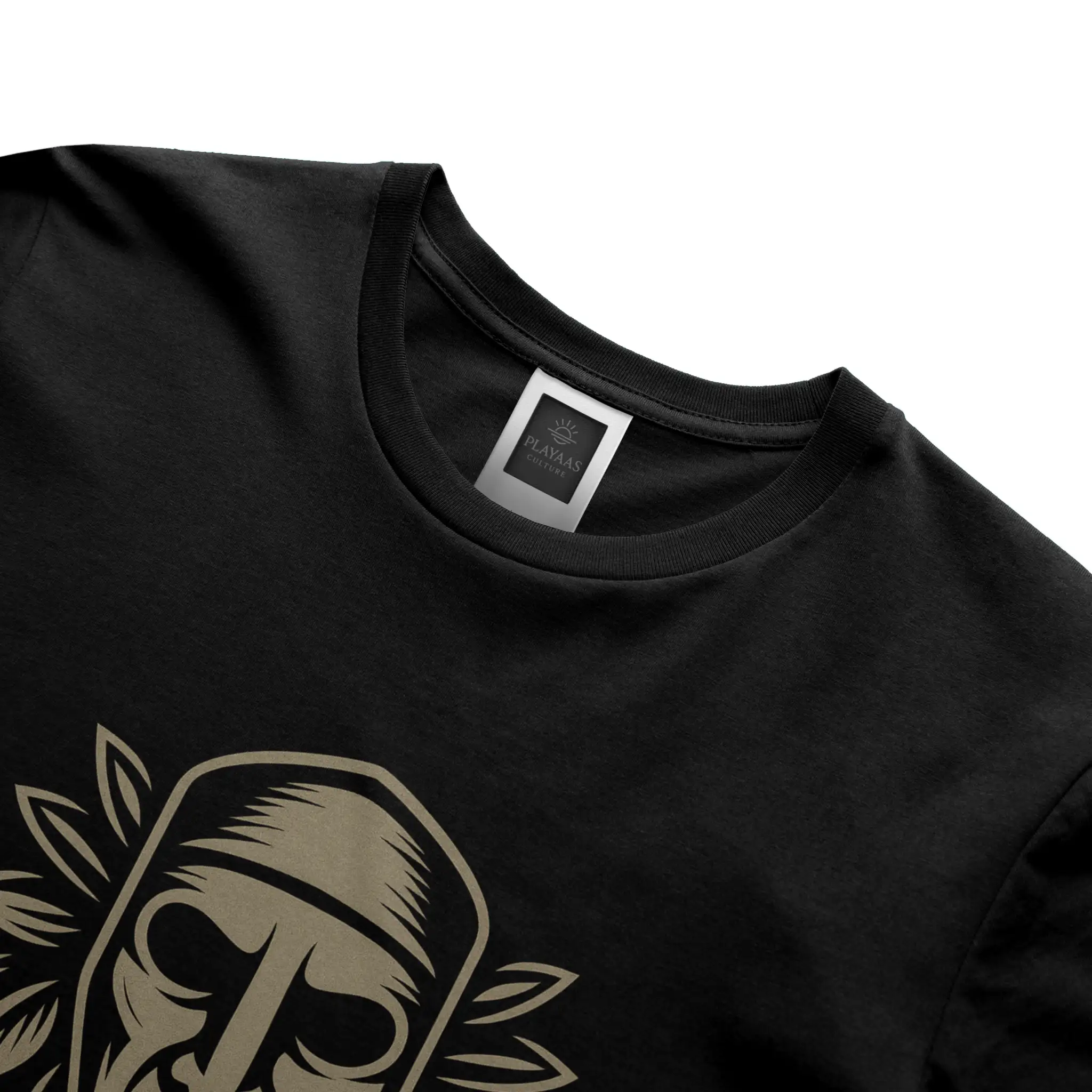 PLAYAAS CULTURE® Culture Guardian t-shirt featuring a symbolic mask-inspired face with leaf elements representing wisdom, identity, and cultural protection.