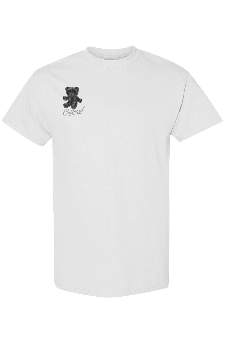 Minimalist t-shirt with a small teddy bear graphic and “Cultured” script printed on the left chest, available in white and black.
