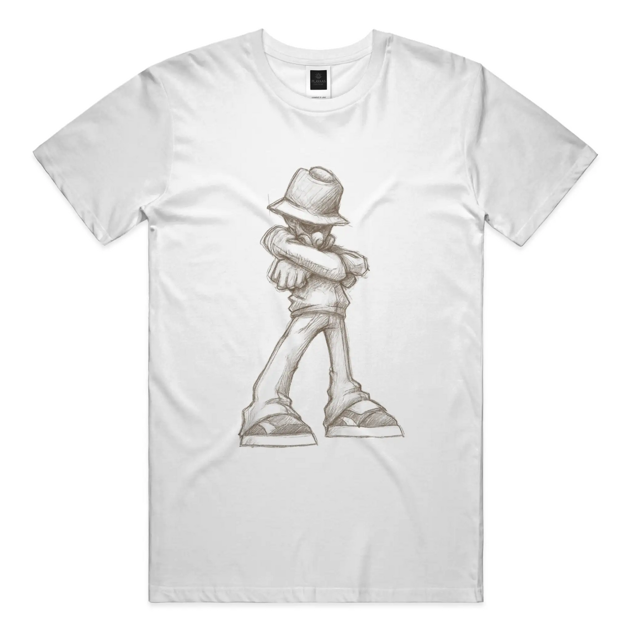White graphic t-shirt featuring a hand-drawn pencil sketch of a confident figure wearing a bucket hat with arms crossed, printed on a premium cotton tee.