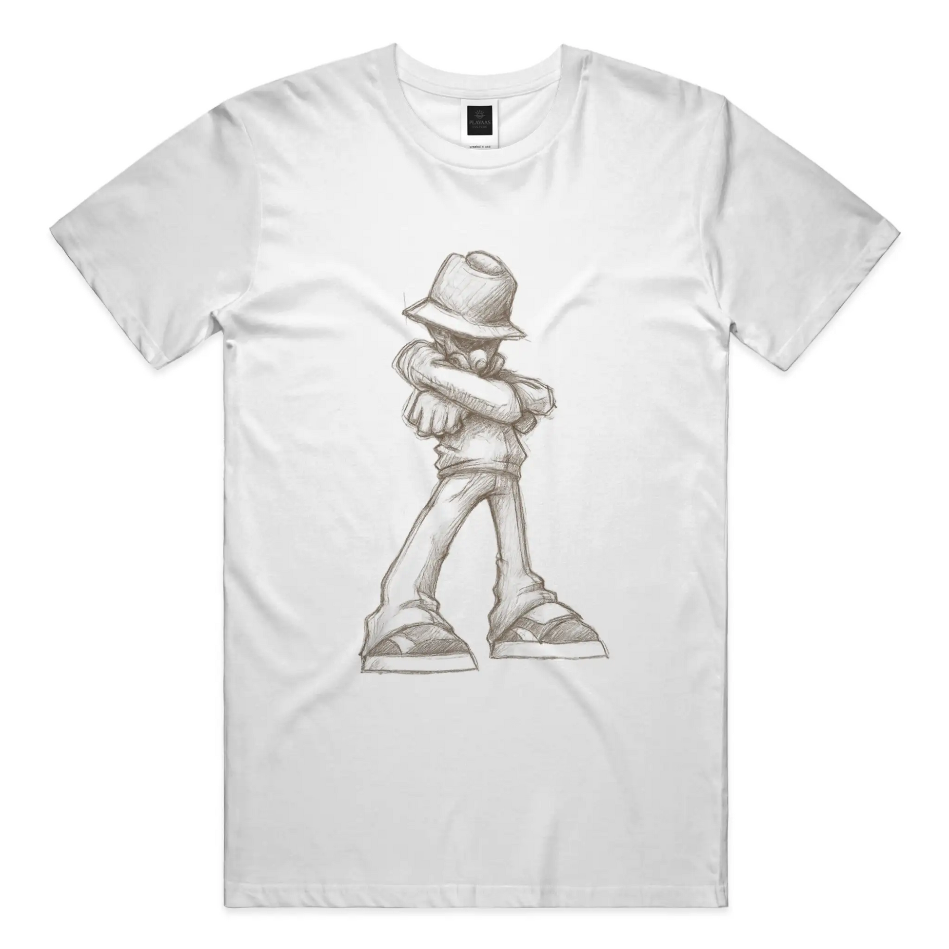 White graphic t-shirt featuring a hand-drawn pencil sketch of a confident figure wearing a bucket hat with arms crossed, printed on a premium cotton tee.