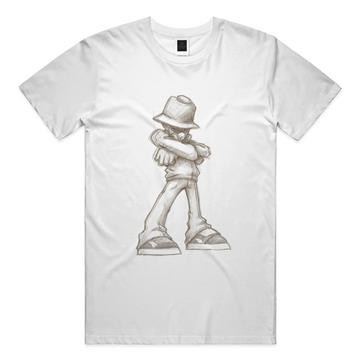 White graphic t-shirt featuring a hand-drawn pencil sketch of a confident figure wearing a bucket hat with arms crossed, printed on a premium cotton tee.