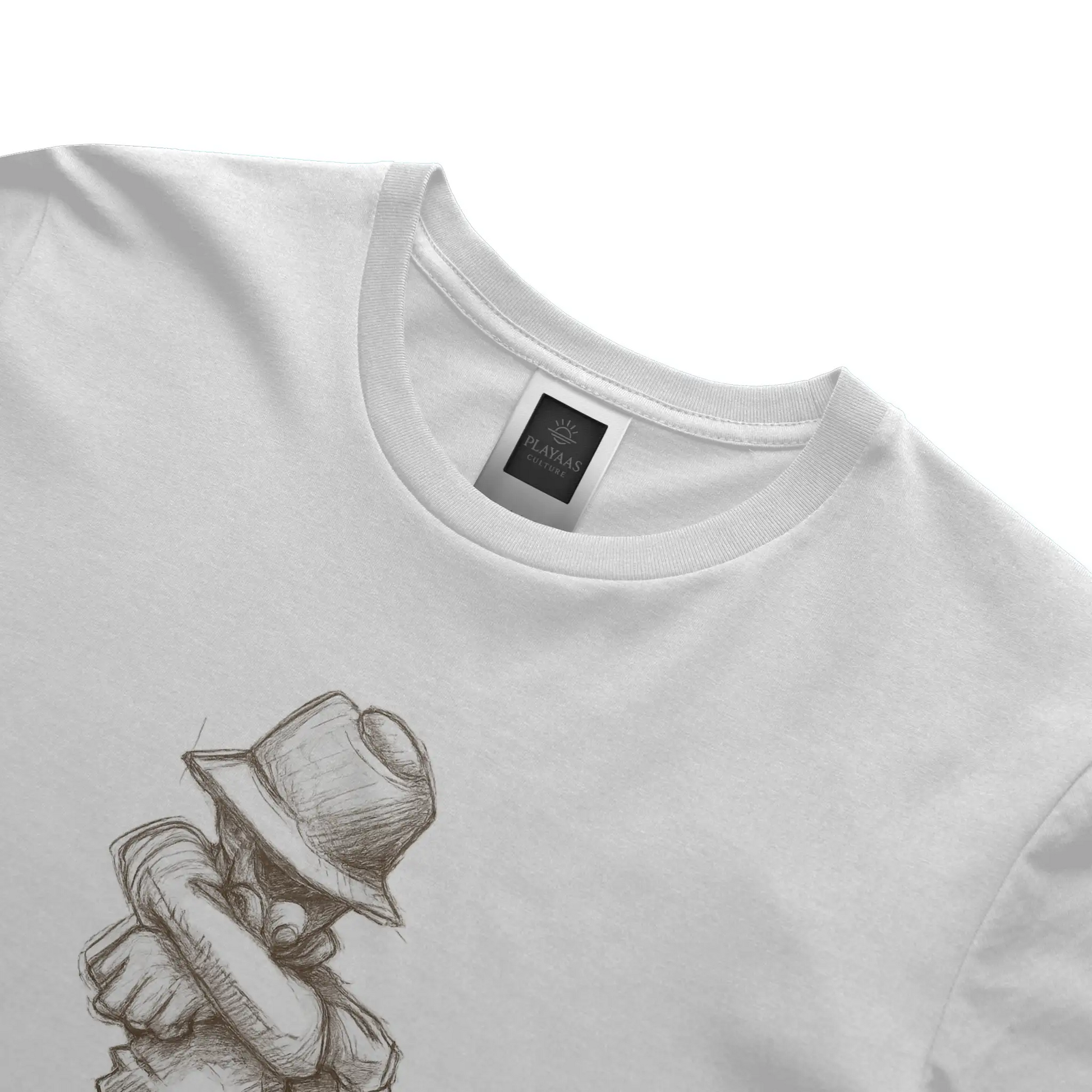 White graphic t-shirt featuring a hand-drawn pencil sketch of a confident figure wearing a bucket hat with arms crossed, printed on a premium cotton tee.