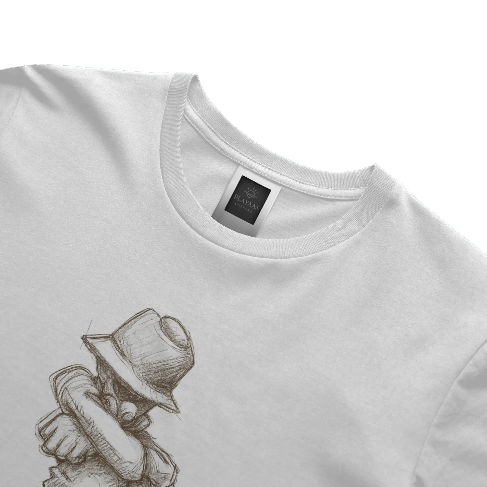 White graphic t-shirt featuring a hand-drawn pencil sketch of a confident figure wearing a bucket hat with arms crossed, printed on a premium cotton tee.