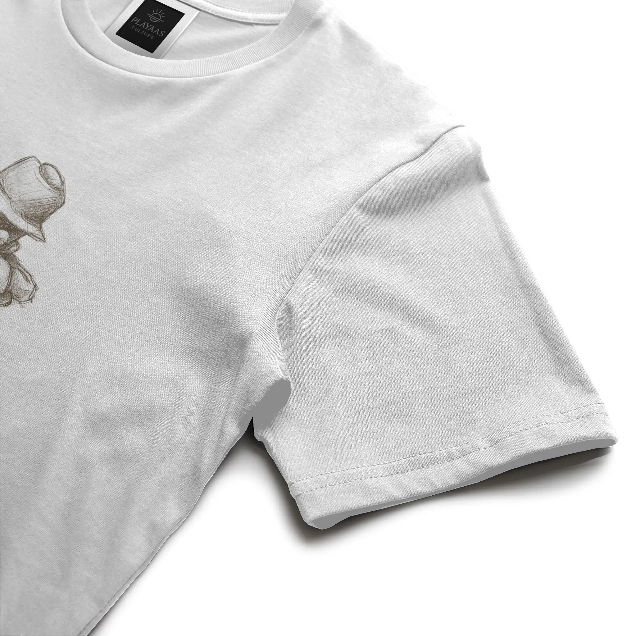 White graphic t-shirt featuring a hand-drawn pencil sketch of a confident figure wearing a bucket hat with arms crossed, printed on a premium cotton tee.